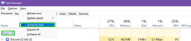 Windows task manager window with View -> Group by type option highlighted.