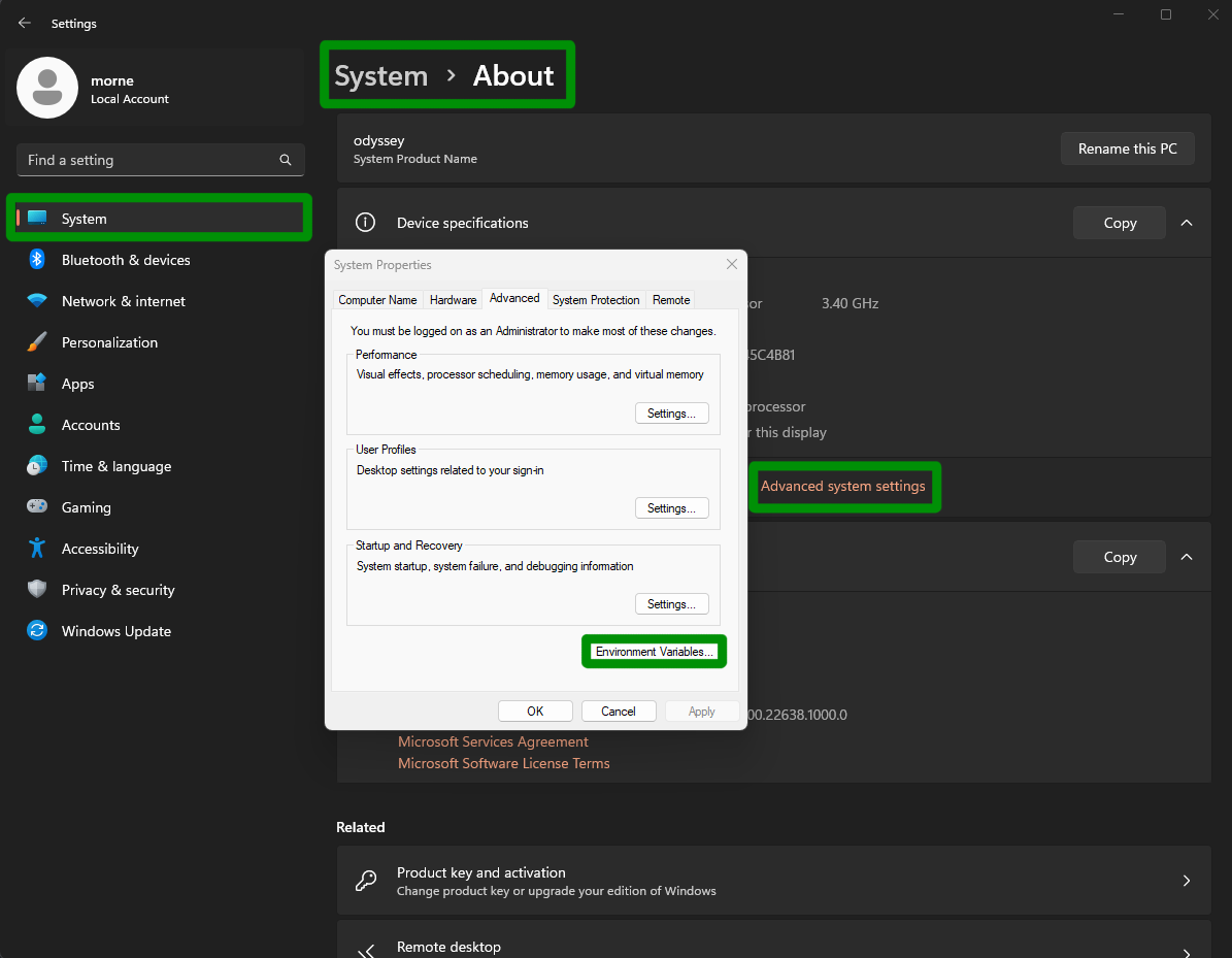 The System -> About -> Advanced syustem settings section in Windows Settings, with the 'Environment Variables' button highlighted.