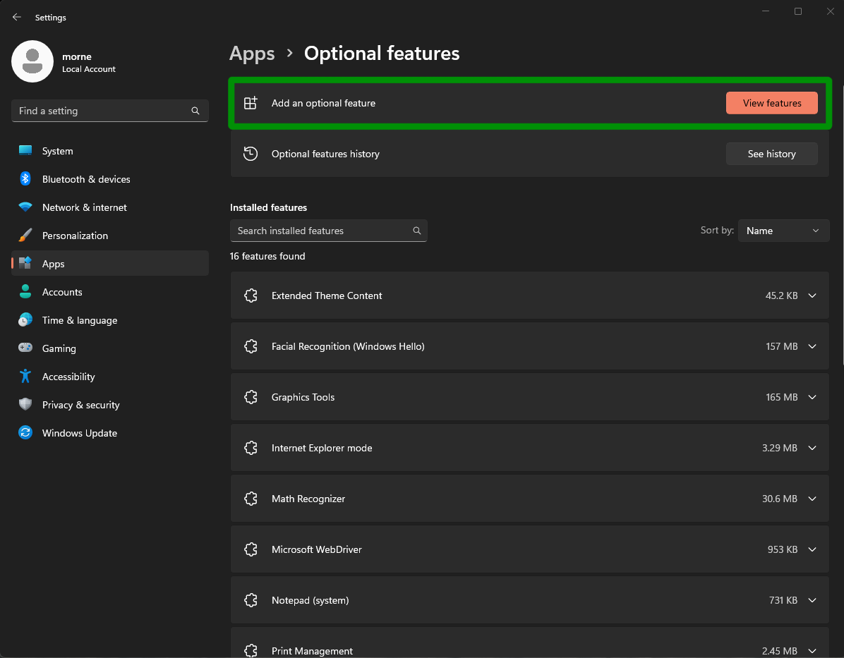 The Apps -> Optional Features section in Windows Settings, with 'View Features' highlighted.